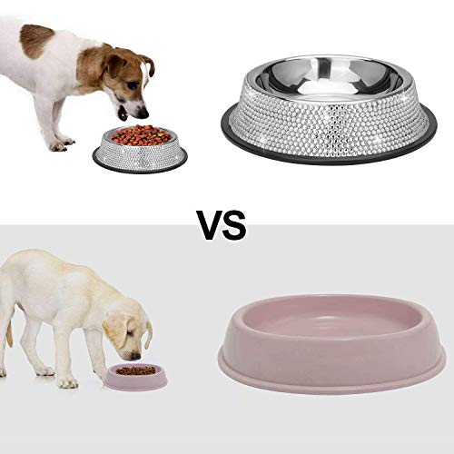 SAVORI Bling Dog Bowls White, 640ML Handmade Bling Rhinestones Stainless Steel Pet Bowls Double Food Water Feeder for Puppy Cats Dogs - Set of 2 - color: Silver