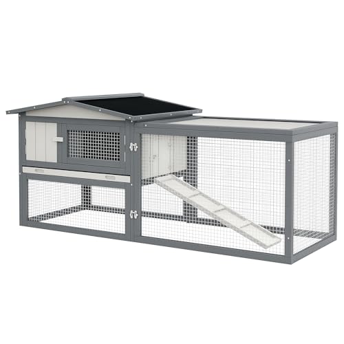 PawHut Rabbit Hutch 2-Story Indoor Outdoor 61.5" x 23" x 27" White | Bunny Cage, Guinea Pig Cage, Small Animal House, Slide Out Tray, for Rabbits Chickens Ducks - color: White