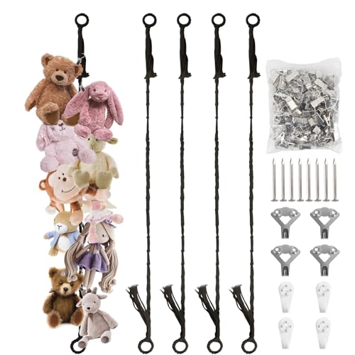 Munzong Stuffed Animal Storage Chain 80 Inch, 4pcs Black Hanging Storage | Stuff Animals Organizer Cotton Toy Display Chain with 80 Clips Toys Organizers Holder for Room Wall Corner Decor - color: Black, size: 4 Pack