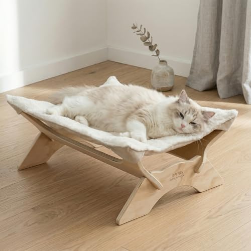JSPYFITS Elevated Cat Bed Hammock, Raised Cat Bed with Dual-Sided Plush & Linen Cushion, Machine Washable & Breathable Cover Tool Free Easy Assembly, up to 66Lbs (White) - color: Pristine White