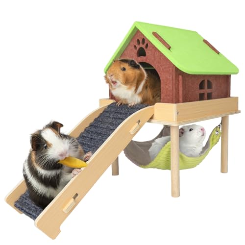 BESNEW 3 in 1 Enlarged Guinea Pig Hammock,Wooden Guinea Pig Hideout with House & Platform & Stairs Small Animal Toys for Hiding Sleeping Activities - color: Green Roof