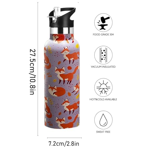 Kids Water Bottle with Straw,Fox Bottle Vacuum Insulated Stainless Steel Travel Mugs Tumbler For Sport School Outdoor 20 oz - color: Brown Fox