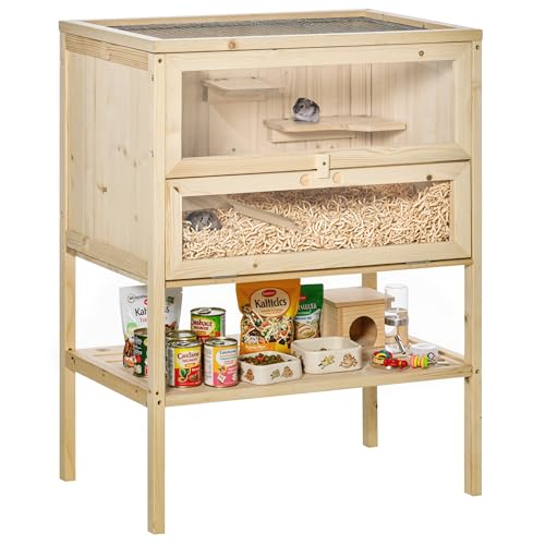 PawHut 3-Tier Wooden Hamster Cage Mice and Rat Cage Small Animals Hutch with Openable Top, Front Door, Storage Shelf, Natural Wood | Small Animals Hutch, Openable Top, Storage Shelf - color: Natural Wood