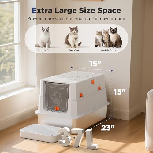 FURTIME Stainless Steel Litter Box with Lid, Enclosed Metal Cat Litter Box | XL Extra Large, Cat Box with High Sided Enclosure & Scoop, Big Cats, Front & Top Entry, Odor Free, Anti-Leakage, Silver - color: Silver, size: X-large