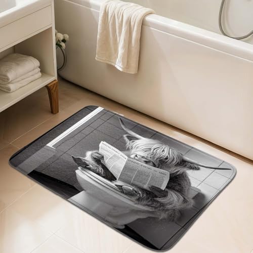 JAWO Funny Farmhouse Highland Cow Bath Mat, Grey Cow Sitting on Toilet Reading Newspaper, Non-Slip Bathroom Rug, Western Country Cattle Shower Rug Bathroom Decor 16X24 - color: Black Grey, size: 16.00" X 24.00"