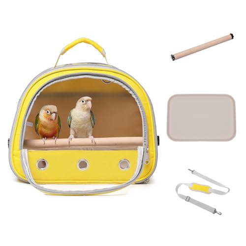 Bird Carrier,Bird Cage Parakeet Parrot Budgie Carrier Backpack for Small Birds, Travel Bird Cages with Perch, Transparent Ventilation Cockatiels, Lightweight Pet Carrier for Outdoor Use(Yellow)