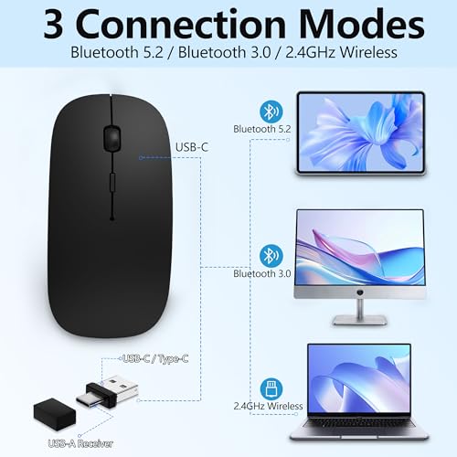 Slim Bluetooth Wireless Mouse with Jiggler - Black | Rechargeable Portable Mouse, BT5.2 & 2.4G, USB-C/USB-A Receiver, Adjustable DPI for MacBook, iPad, Laptop & PC - color: Black