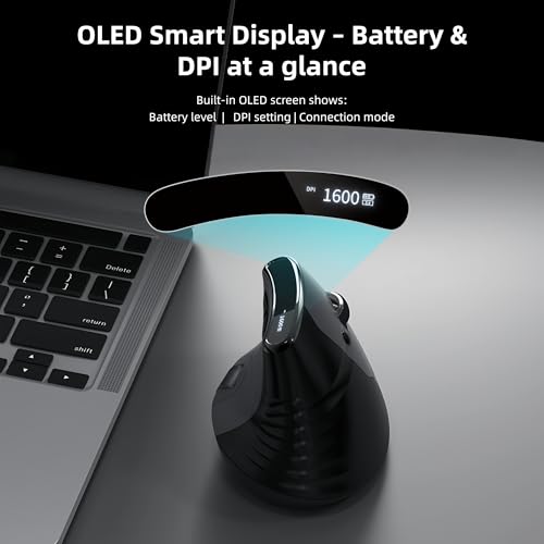Ergonomic Vertical Mouse, Dual Scroll, Tri-Mode, OLED Display | 60° ergonomic vertical mouse with dual scroll wheels, tri-mode Bluetooth/2.4G/wired connectivity, OLED display, and 8000 DPI. - color: Black