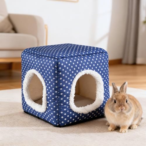 Guinea Pig Hideout with 2 Removable Mat, Two Entrances, Dwarf Rabbit Bed, Washable Bunny House, Small Pet Accessories Blue Dot - color: Blue