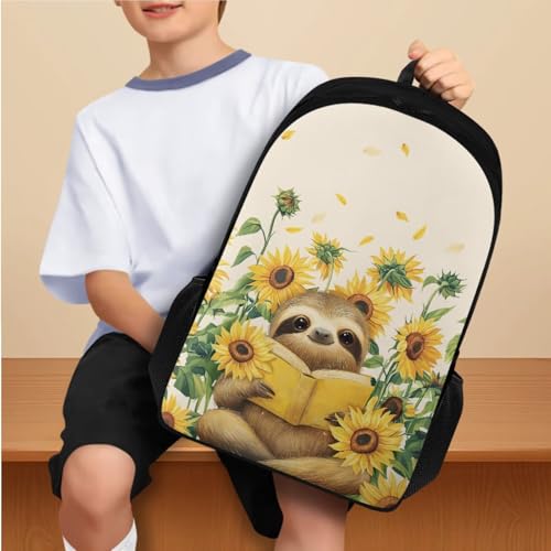 Sunflower Sloth Backpack for Girls 2Nd Grade Boys Bookbag with Lunch Box Large Pencil Case Box and Water Bottles Cover 4 PCS Set Kids 8-10 Comfy Junior High Students School Bag - color: Sunflower Sloth