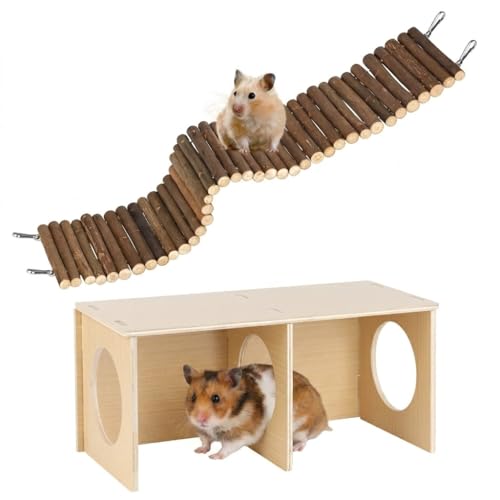 Hamster Hideout Tunnel and Hamster Bridge Set, Wooden Hamster Cage Accessories, Hamster Platform and Hamster Toys, 2-Chamber Multi-Room Climbing Toy for Syrian Dwarf Hamsters, Gerbils, Rats