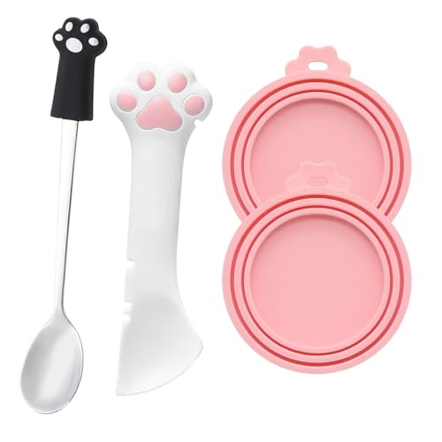 4 PCS Pet Food Can Accessory Set, Reusable Pink Silicone Can Lids with Feeding Shovel and Stainless Steel Spoon for Cat Dog Wet Food Storage