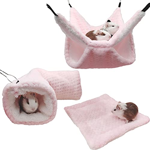 SEIS 3 Pcs Plush Hamster Hammock Set Sugar Glider Hanging Cage Accessories Set Small Animal Hammock Channel Mat for Guinea Pig Rat Gerbil Squirrel Birds Parrot (Pink) - color: Pink