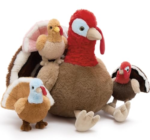 Thanksgiving Turkey Stuffed Animal with 3 Babies, 14" Fall Plush | 4Pcs Mother & Baby Turkey Plushies; Zipper Head Storage; Harvest Home Tabletop Decoration; Birthday & Christmas Gift for Kids - style: Turkey Red