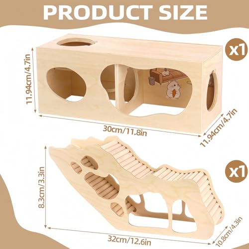 2Pcs Hamster House and Tunnel, Wooden Exploring Tunnel with Ladder, Small Animal Playground Exploring Toys for Rats, Syrian Hamsters, Guinea Pig, Gerbils(Style3) - color: Style3