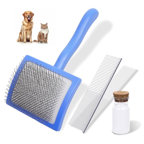 3PCS Slicker Brush for Dogs & Pet Comb,Professional Dog Grooming Brush (Goldendoodles,Poodles,Labradoodles) with Extra Long Pins to Effectively Remove Tangles, Knots,Mats Hair Collection Bottle (Blue) - color: Blue