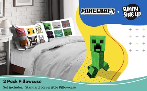 Sunny Side Up Minecraft Mobs & Animals 2 Pack Reversible Pillowcases - Double Sided Pillow Covers, Kids Super Soft Creeper Bedding - color: White - Minecraft