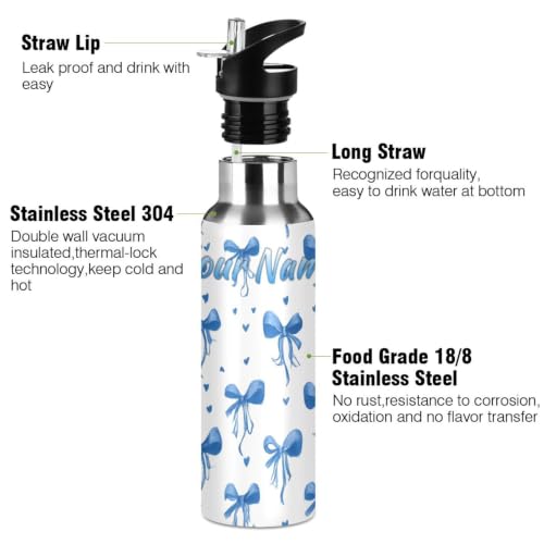 Custom Blue Bows Ribbons Polka Dots Water Bottle Kids Stainless Steel Bottle with Straw Lid Personalized Name Boys Girls Insulated Cup for School 20 oz - color: Multi102