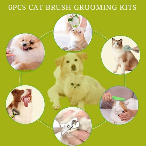 Cat Grooming Brush Kit 6 Tools - Deshedding & Dematting for Long/Short Hair, Self-Cleaning Slicker Brush with 6-in-1 Flea Comb for Cats & Kittens (Green) - color: Green