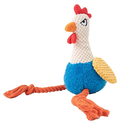 Plush Chicken Dog Toy with Squeaker and Crinkle Paper for Small Dogs | Soft plush texture with rope details, great for tugging, tossing, indoor play and creating fun bonding moments with pets. - color: Blue Rooster