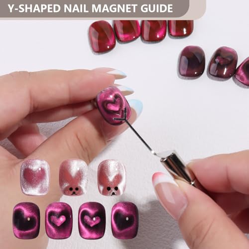 Cat Eye Magnet for Nails 6 PCS, Super Long Double-head Nail Polish Magnet Pen, Flower Design Nail Magnetic Pen, Stick for 3D French Cat Eye Gel Polish with Y/V Shape Clippers Heart Magnetic DIY Tools - color: 6pcs
