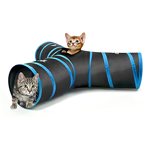 Pawaboo Cat Tunnel Tube 3-Way Tunnels, Blue, 25x53cm | Extensible Collapsible, Cat Play Tent Interactive Toy Maze, Cat House Bed, With Balls and Bells - color: A-Blue, size: 3 Way