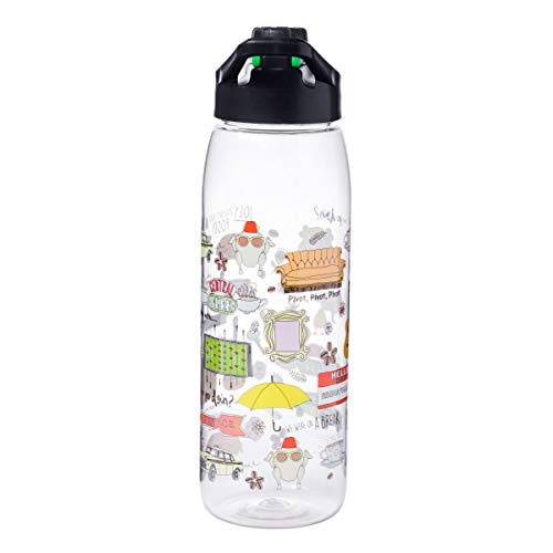 Silver Buffalo FRIENDS Central Perk Doodles Quotes, Water Bottle, 28oz | TV Show, Iconic Frame and Chick and Duck, Yellow, Joey Doesn't Share Food, How You Doin, Includes Screw Top Lid, Picture - color: Friends Iconic Doodles, size: 28 Ounces