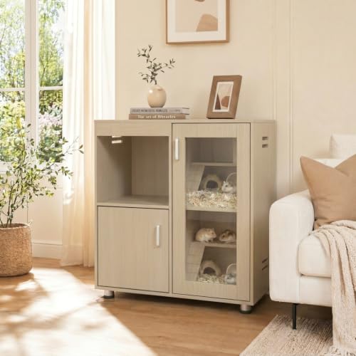 Guinea Pig Cages, Hamster Cage Wood with Independent Storage Cabinet, House for Rat Chinchilla with Guinea Pig Hutch and Bridge, Openable Top with Acrylic Sheets (Teak) - color: Teak