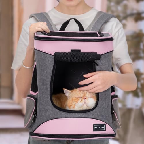 Petsfit Dog and Cat Backpack Carrier, Padded Waist Support, Up to 18 lb | 13.5 x 12.5 x 17.5 in; reinforced frame, 600D Oxford, 4 mesh panels, lockable zippers, safety tether and washable mat. - color: aPink