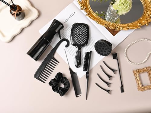 12 Pcs Hair Styling Brush Set with Detangler, Teasing, Rat Tail, Edge Brushes and Baby Hair Brushes - Soft Bristles for Baby Girls and Women (Black) - color: Black