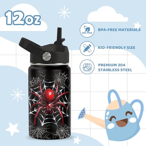Spider Gifts for Boy, 12 oz Water Bottle with Straw Lid, Stainless Steel Vacuum Insulated Bottle, Leakproof, Spiders Webs Cup Gifts for Birthday Holiday - color: Spider