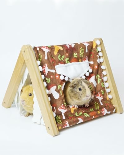 Guinea Pig Hideout No Bottom, Bamboo Small Animal House with Window, Rabbit Bunny Tunnel, Easy to Assemble for Hamsters Bunny Rat Chinchillas Playing Hiding, Guinea Pig Cage Accessories, Mushroom - color: Brown