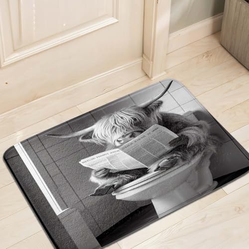 JAWO Funny Farmhouse Highland Cow Bath Mat, Grey Cow Sitting on Toilet Reading Newspaper, Non-Slip Bathroom Rug, Western Country Cattle Shower Rug Bathroom Decor 17X48 - color: Black Grey, size: 17.00" X 48.00"