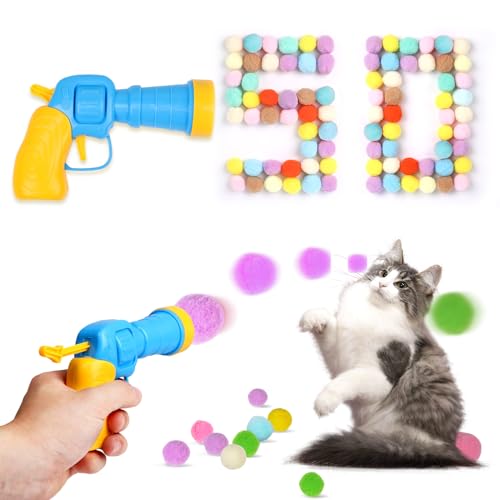 TEAWOO 50Pcs Cat Toys Pom Pom Balls with 1 Launcher Set, Interactive Cat Toy Stuff for Indoor Both Adult & Kitten Toys | Interactive Cat Toy Stuff for Indoor Both Adult & Kitten Toys, 1 launcher & 50 balls - size: 1 launcher & 50 balls