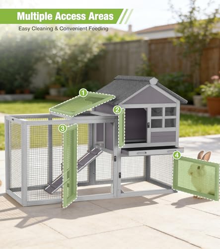 GUTINNEEN 51.6 in Rabbit Hutch, 2-Level Wooden Bunny Cage with Ramp, 3 Lockable Doors & Removable Tray, Weather-Resistant Indoor Outdoor Rabbit Cage, Grey - color: Grey