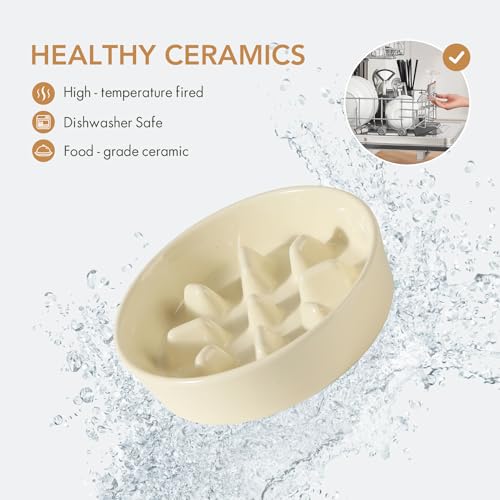 Havniva Elevated Slow Feeder Dog Bowls, Ceramic Dog Bowl Slow Feeder Set | 1.2 Cups Raised Slow Feeder Dog Bowl for Small Breed, 6.1” Dog Water Bowl with Wooden Stand, Puzzle Dog Food Bowl, Non-slip - color: Light Yellow