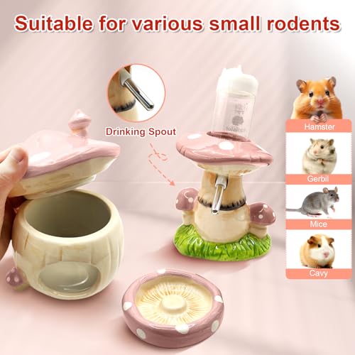 Mushroom Ceramic Hamster Hideout, Water Bottle with Stand, Food Bowl, Hamster Accessories (Pink) - color: pink