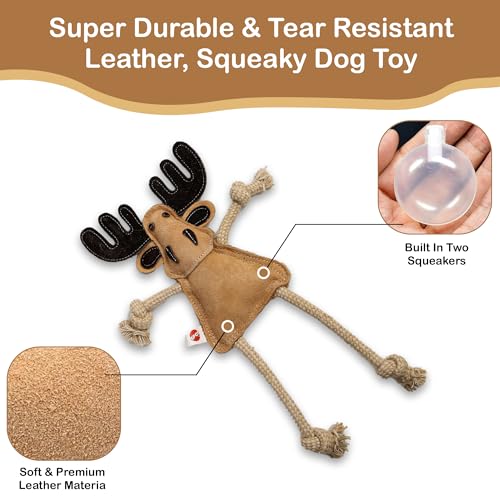 SPOT Dura-Fused Leather Forest Animals - Dog Toy with Squeaker and Rope Limbs, Real Leather and Jute Chew Toy, Durable No-Stuffing Toy For Light to Moderate Chewers - 14in, Assorted Styles, 1 Piece
