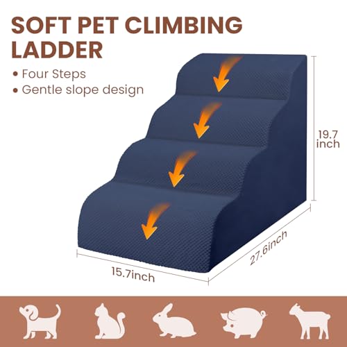 Dog Stairs for Small Dogs, High Density Foam Dog Steps, Extra Wide Non-Slip Pet Ramp for High Beds Or Couch, Soft Doggie Ladder for Dogs Injured, Older Pets, Small Cats - color: Navy blue, size: 4 Steps