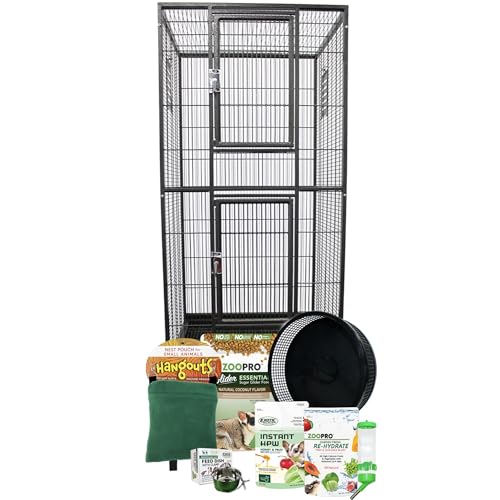 Madagascar Cage & Starter Package for Sugar Gliders - Includes Durable Cage, Exercise Wheel, Healthy Food Assortment, Water Bottle, Food Dishes & Nest Pouch