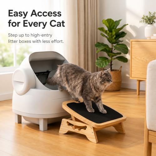 Wooden Litter Box Ramp, 4-Position Adjustable Cat Step for Automatic | and High-Entry Litter Boxes, Stable Elevated Pet Step for Senior Cats, Kittens and Small Cats
