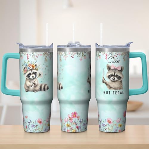 30oz Raccoon Stainless Steel Tumbler with Handle and Straw, Insulated Cup Travel Coffee Mug Water Bottle with Lid and Straw, Animal Lovers Women Gifts - color: Raccoon