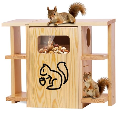 Widened Extra Large Wooden Squirrel Family House for Outside | Dual Protective Entry Design, with Squirrel Feeder, Squirrel Nesting Box with Multi-Platforms for Nesting & Shelter - size: Widened Extra Large