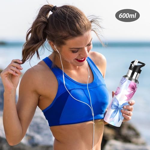 Pink Blue Bow Water Bottle Girls Stainless Steel Water Bottle Straw Lid | Kids Leak Proof Girls Insulated Tumbler Cup for School 20 oz - color: Multi11