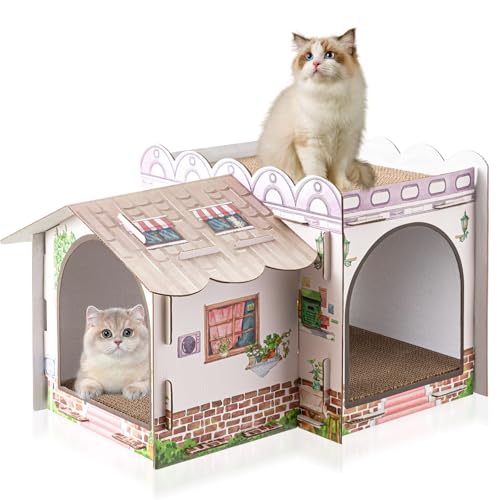 Lineshading 2 Story Cardboard Cat House with Scratcher Pad, Multi Level Durable Cat Scratcher House for Small Kitten Bunny Rabbit Animals Christmas Birthday Gift(17x12x10,Cottage) - style: Cottage