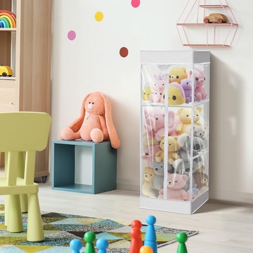 Colingmill 2-tier Plush 47 In Vertical Toy Stuffed Animal Storage Organizer Holder Cage Bin with PVC Waterproof and Dust Cover Zippered Stuffed Animal Organizer Playroom Nursery Kindergarten(White)