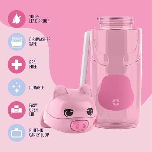 Ello Ellies 16oz BPA-Free Plastic Leakproof Kids Water Bottle, Pig | Animal shaped plastic kids water bottle with straw, leakproof locking lid, carry handle, & BPA-free design for school lunches - color: Pig, size: 16 Ounces