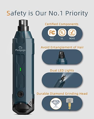 6-Speed Dog Nail Grinder& 5 Grinding Heads with 2 LED Lights | Super Quiet (45 db) Pet Nail grinder 12000RPM & 3 Grinding Ports with Dust Cap Dog Nail Trimmer for Large Medium Small Dogs - size: Blue+5 Heads