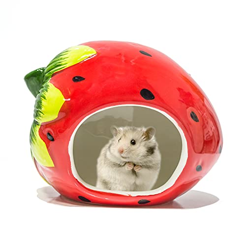 Besimple Hamster Hideout, Small Animal Hideout Ceramic Pet House, Adorable Shape Hamster House Cave Mini Hut Cage Critter Bath House for Chinchilla(Strawberry)