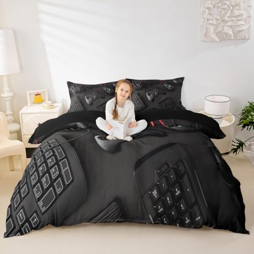 Modern Gamepad Bedding Set, Boys Youth Video Game Controller Mouse Keyboard Headphone Gaming Equipment Comforter Cover, Decorative 3 Piece Duvet Cover With 2 Pillow Shams, King Size, Red Black White